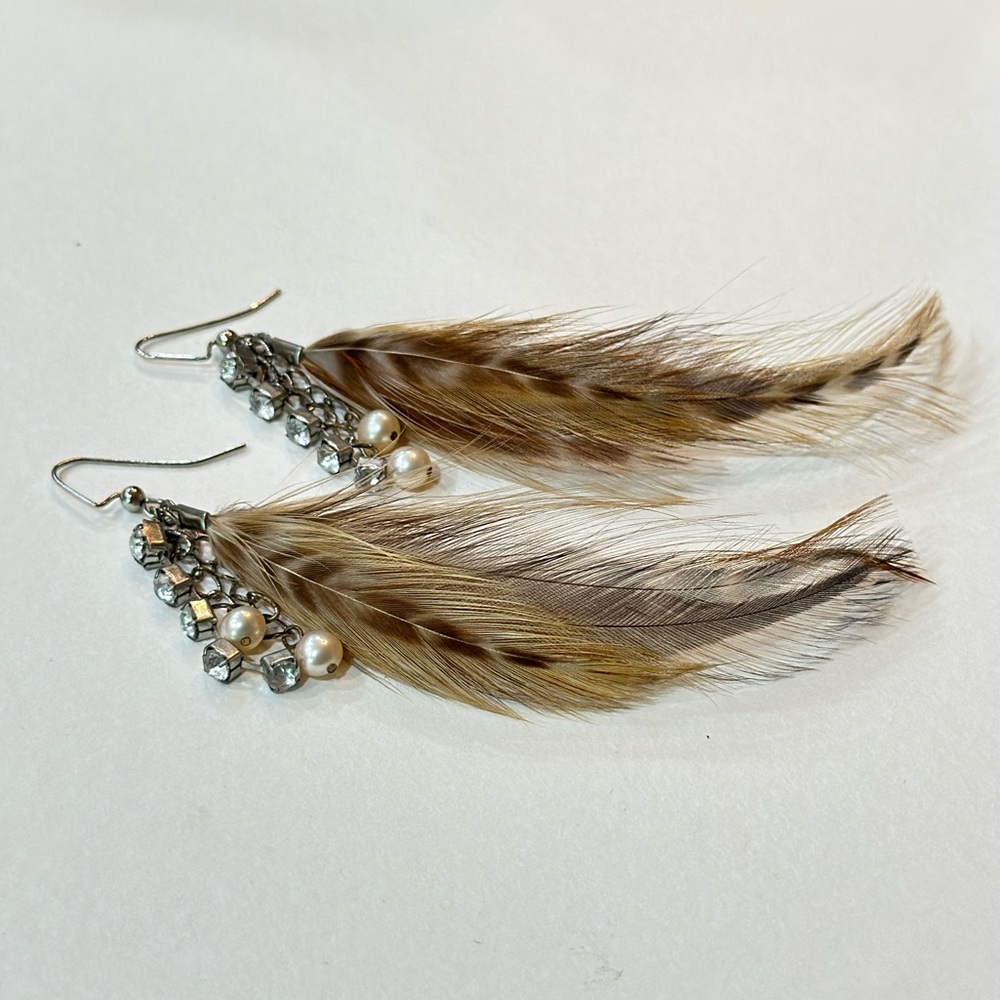 Handmade, bohemian, gently used, feather, pearl, and rhinestone dangle earrings.